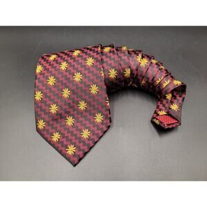 Qiubite Silk NecktieYellow Daisy Black Red Diagonal Zig Zag 60.5x4"